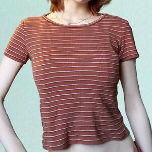 American Eagle Outfitters Brown and White Fitted Striped Crop Top - Size L